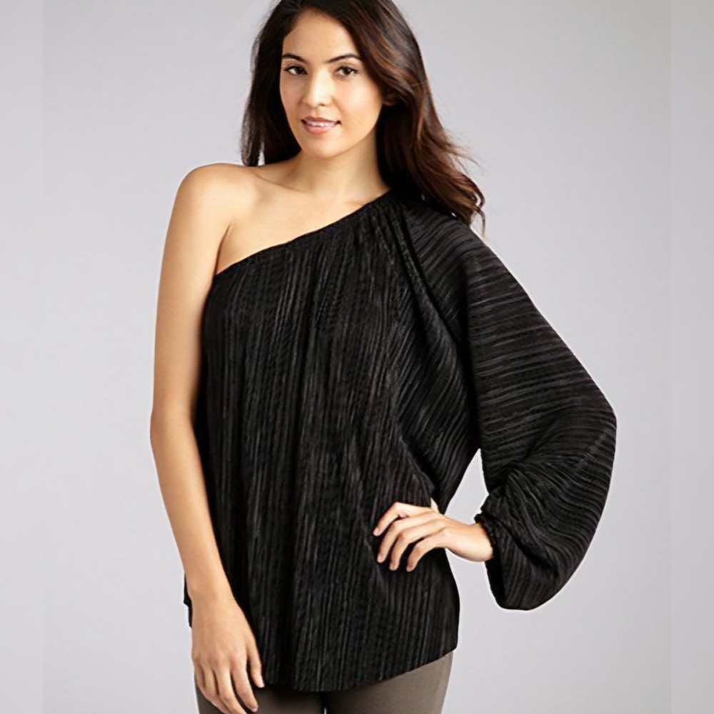 L'Agence Pleated One Shoulder Blouse in Black